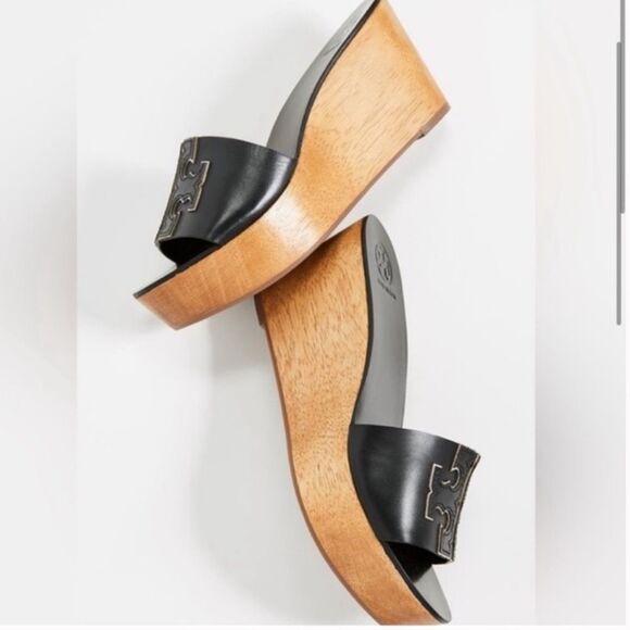 Tory Burch Ines Wedge Slides Calf Leather Metallic Perfect Black Sandals size 9 - Picture 2 of 10